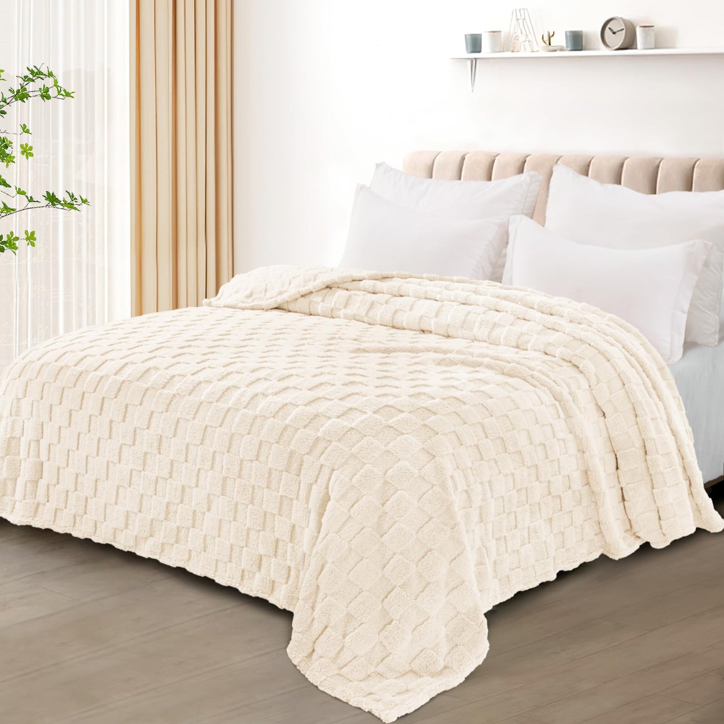 Exclusivo Mezcla Queen Size Flannel Fleece Blanket, Super Soft and Warm Lightweight Checkered Pattern Blankets for All Seasons, 90x90 Inches, Ivory