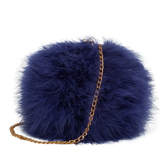 Flada Women's Faux Fluffy Feather Round Clutch Shoulder Bag Blue