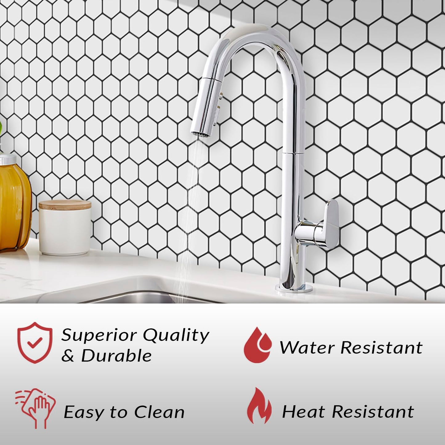 DÉCOR WOW Peel & Stick Backsplash for Kitchen & Bathroom, (8) 12x12-inch Sheets Covers 8 Sq. Ft, White Hexagon
