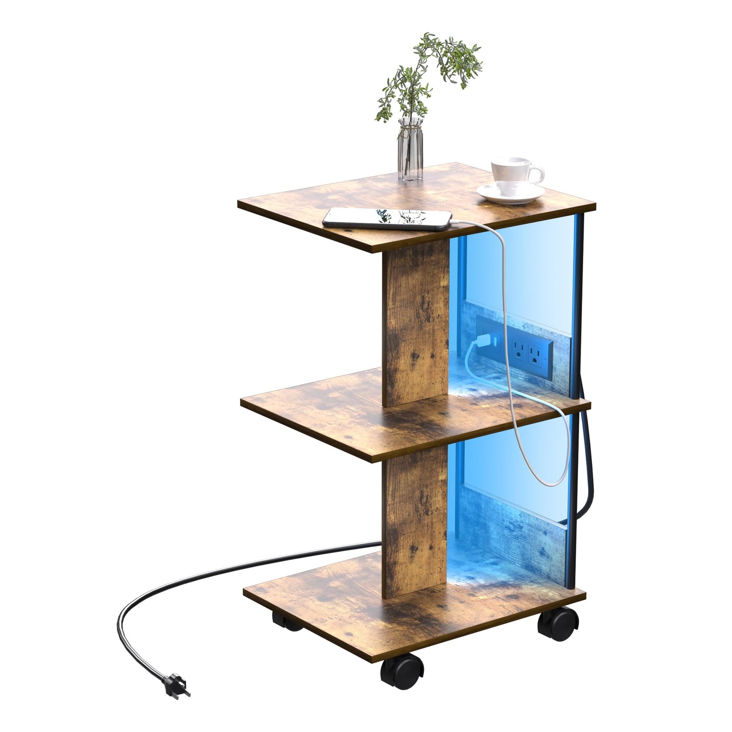 End Table with Charging Station & LED Lights, 3 Tier Movable Wooden Nightstand with Wheels Storage Shelves, Narrow Bedside Tables Side Table for Living Room Bedroom Home Office, Easy to Assemble