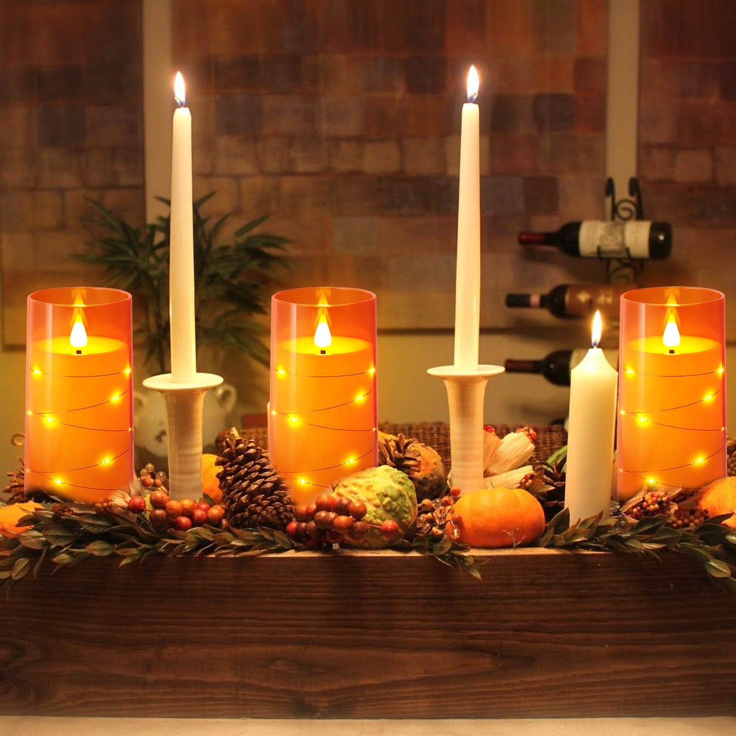 NURADA 3"x6"Flickering Flameless Candles: Built-in Star String Lights 3D Wick Battery Operated LED Pillar Candles with Remote and Timer for Thanksgiving Dinner Tables Wedding Home Fall Decor Orange