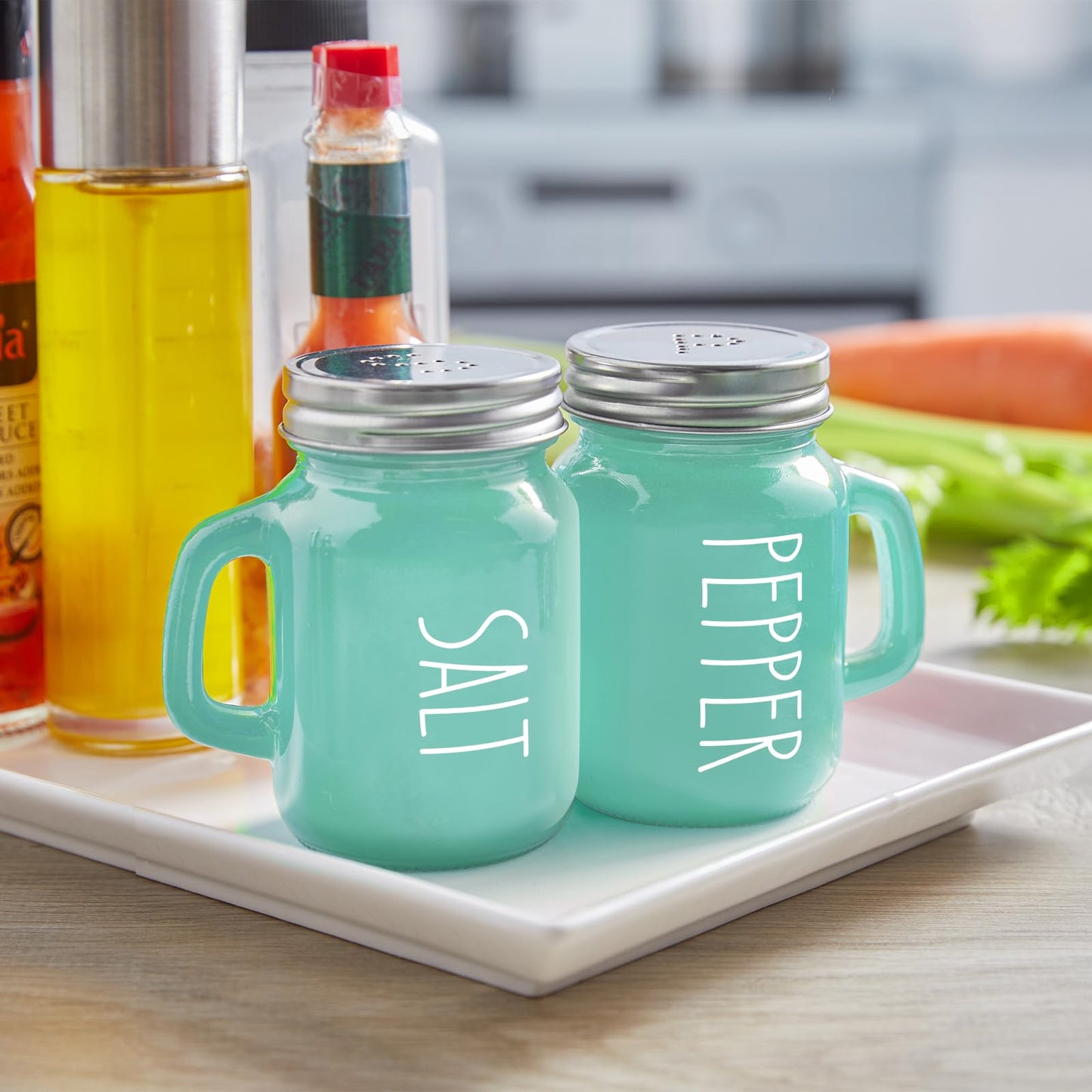 Turquoise Salt and Pepper Shakers Set - Teal Kitchen Decor and Accessories for Home Restaurants Wedding - Glass Salt and Pepper Set for Cooking Table, RV, BBQ, Easy to Clean & Refill