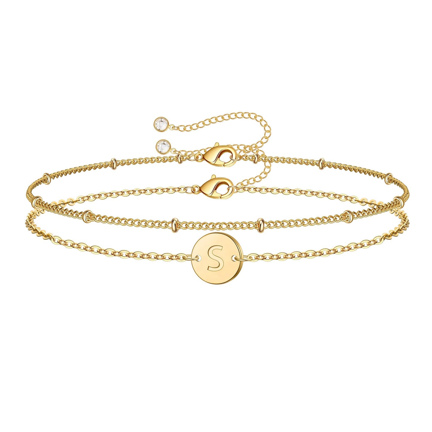 MONOZO Gold Initial Bracelets for Women Mothers Day Gifts, Dainty 14K Gold Plated Layered Beaded Letter Initial Bracelet Personalized 26 Alphabet Disc Monogram Charm Bracelet Mothers Day Gifts for Mom