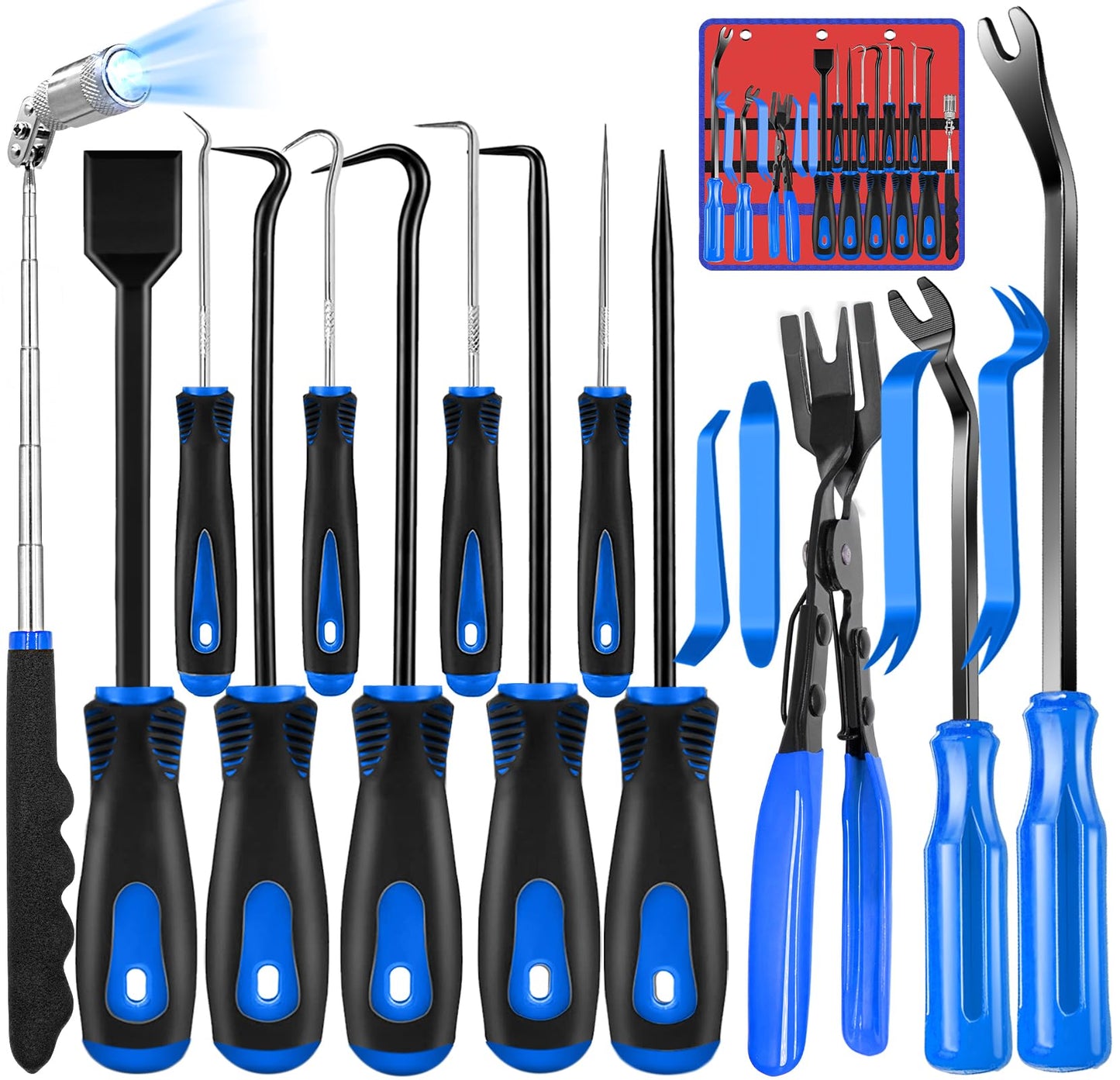 Keze 17 Pcs Hook and Pick Set Auto Trim Removal Tool Kit,Clip Plier Remover Tool Gasket Scraper Telescoping Magnetic Pickup Tool for Automotive Repair and Car Body Door Panel Fastener Removal