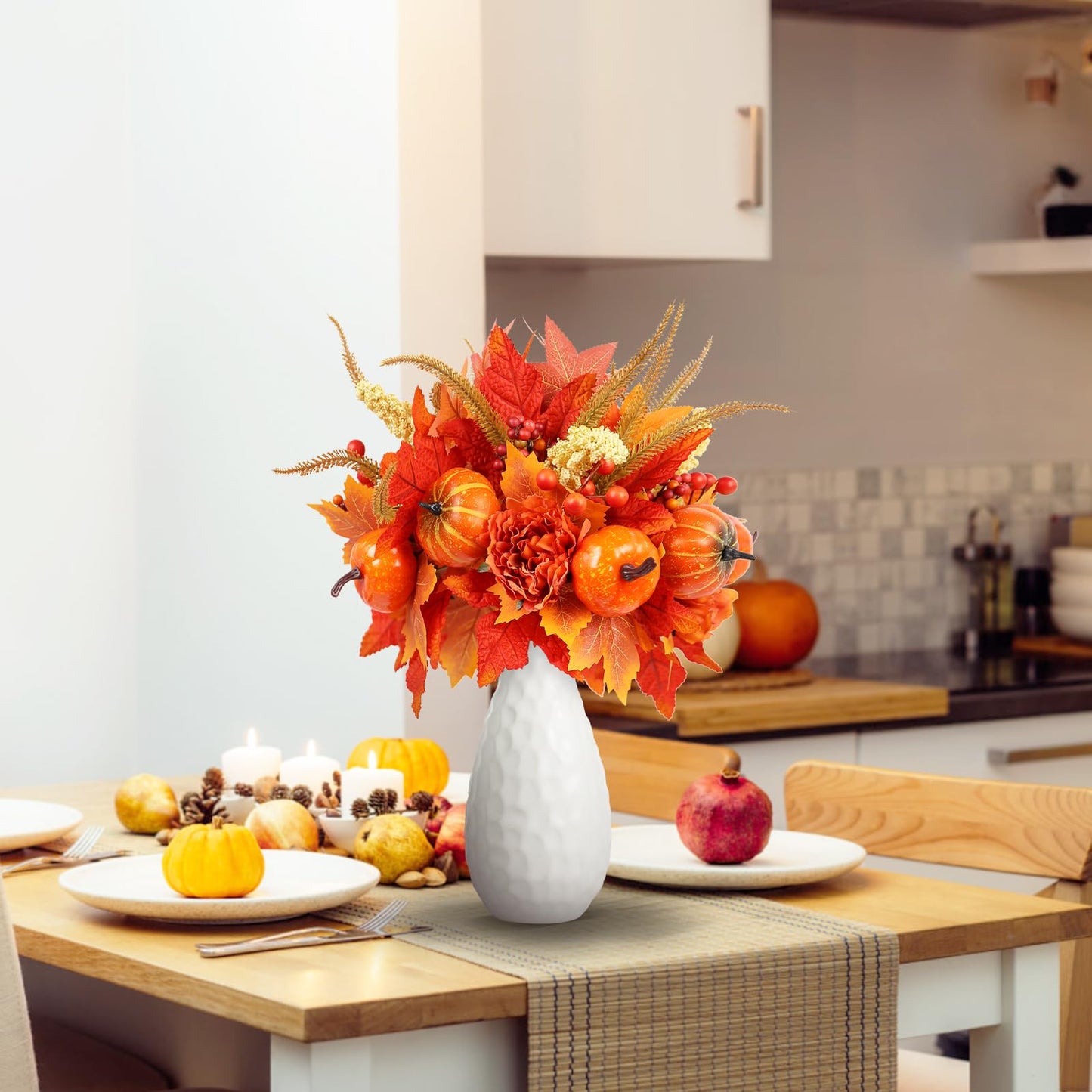 GOLUTYOK Fall Decor, 4PCS Artificial Autumn Pumpkin Berry Flower Maple Plant Stems Picks Vase Decorations, for Home Harvest Holiday Thanksgiving Indoor