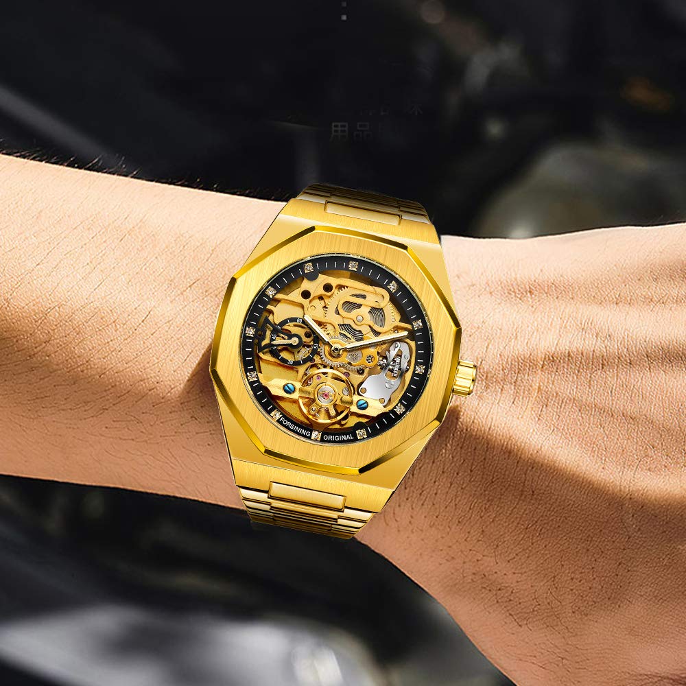 Tiong Cool Tourbillon Automatic Mechanical Watch Men Gold Luxury 2 Dial Watch Metal Stainless Steel Watchband Christmas Gift