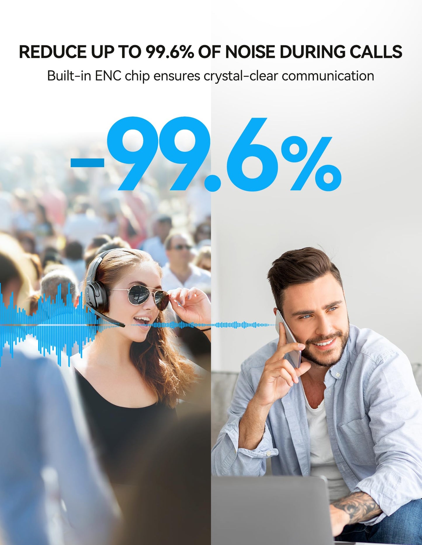 TECKNET Bluetooth Trucker Headset, Single and Dual Ear Wireless Headset with Mic for Work Noise Cancelling, 50Hrs 3 EQ Music Modes Trucker Bluetooth Headphones for PC, Drivers, Office, Call Center