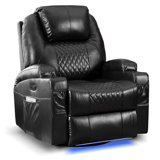 AHMED Power Swivel Rocker Recliner Chair with Massage and Heat, Faux Leather Home Theater Seating with LED Ambient Lighting, Glider Reclining Sofa with Cup Holders for Living Room,Black
