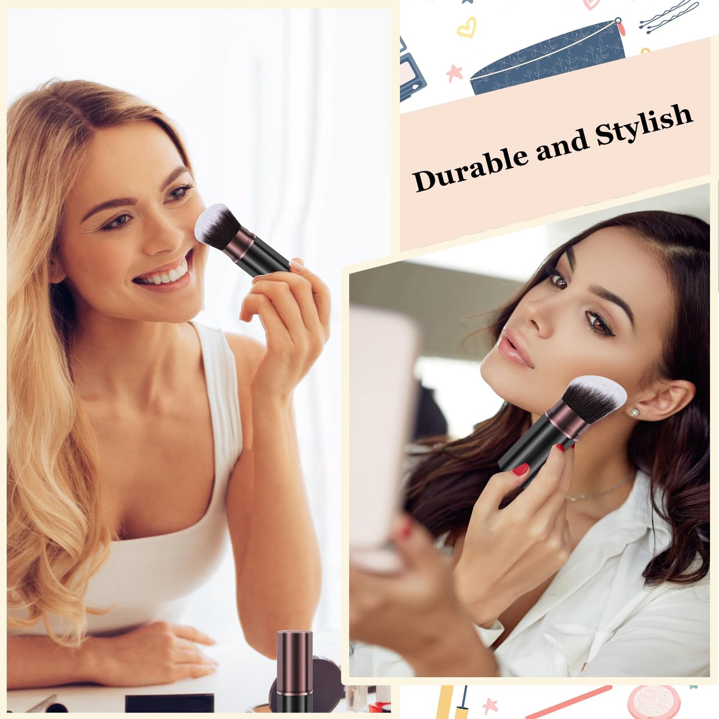 Keriloo Retractable Kabuki Makeup Brush, 2 Pack Travel Powder Foundation Makeup Brush Face Blush Brushes for Blending Liquid, Blush, Bronzer, Buffing, Sunscreen,Flawless Cosmetics