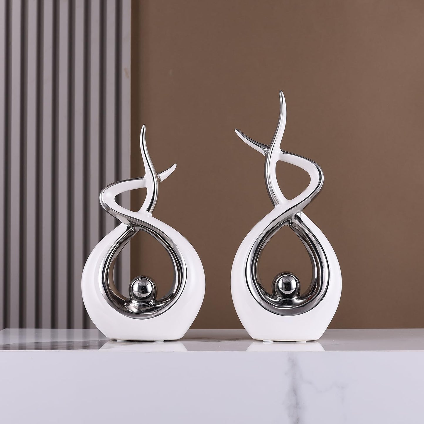 PlivBloom Silver White Abstract Ceramic Modern Sculpture, Knick Knacks Statues for Living Room, Shelf, TV Stand, Coffee Table, Dining Room, Office, Bedroom, Home Decor, Centerpiece, Great Gift Idea