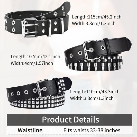 3 Pcs Studded Belt, Y2K Belt EMO Goth Belts Punk Rock with Bullet belts for Women Men