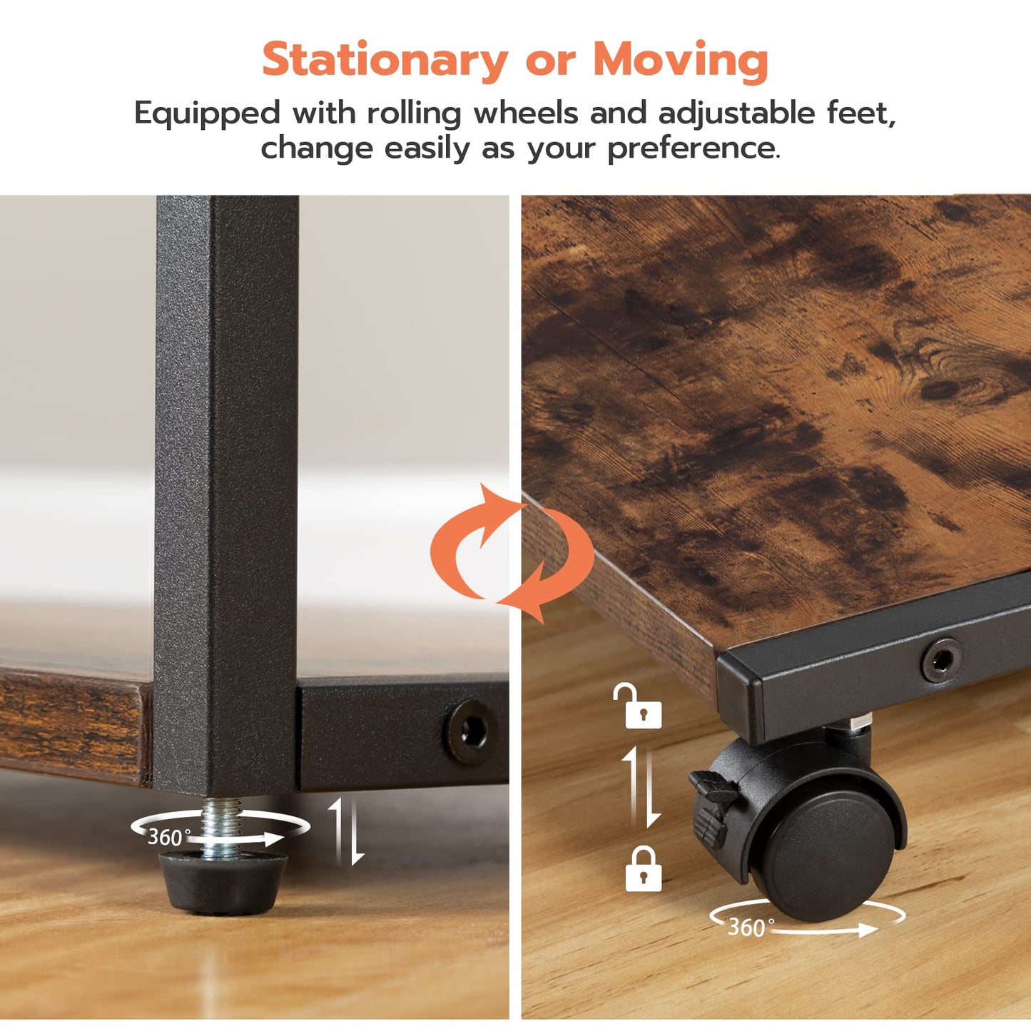 HOOBRO Under Desk Printer Stand, 2-Tier Industrial Printer Cart with Storage Shelf, Mobile Machine Holder Table Stand, for Home and Office, Rustic Brown and Black BF42PS01