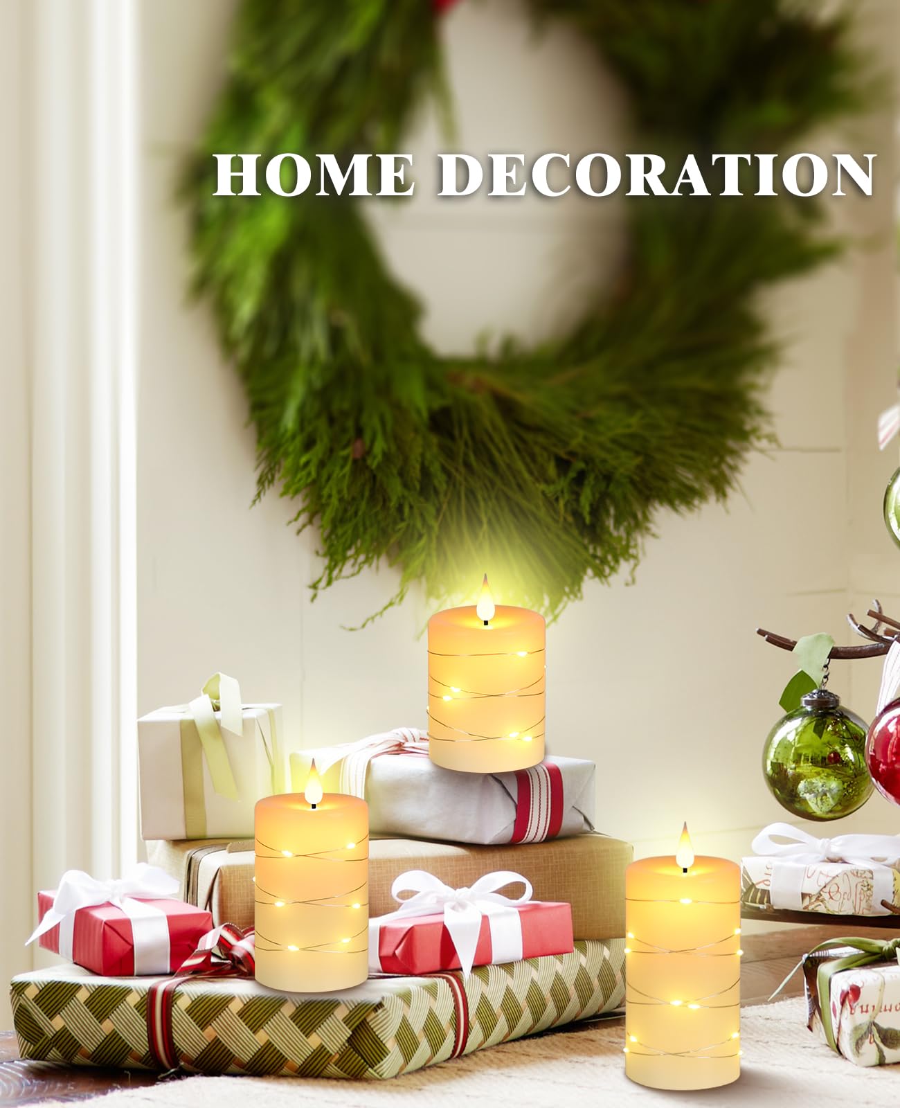 Da by Flameless Candles with String Lights，Battery Operated Candles,LED Flickering Candles with Remote Control and Timer, Real Wax, 3 Pack-Ivory