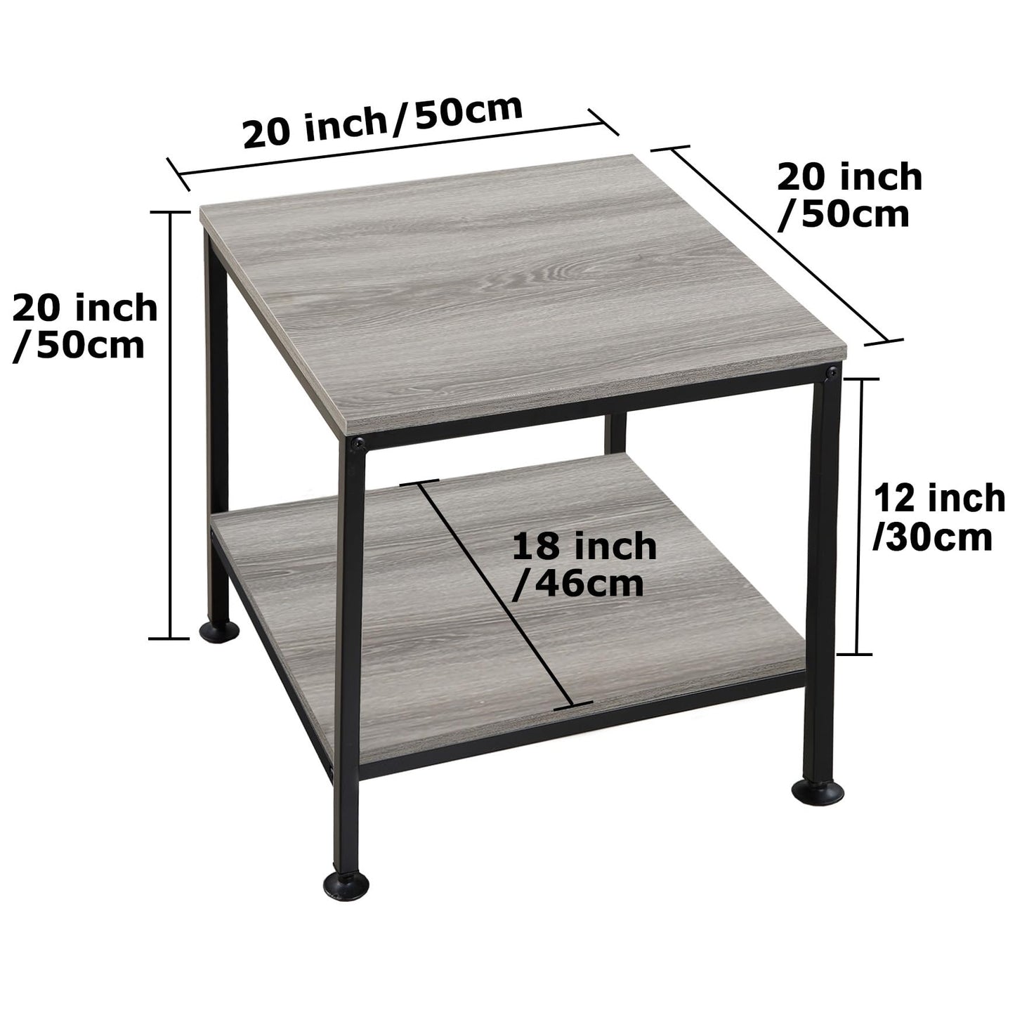 KirKical 20 Inch 2 Tiers Square End Table with Metal Frame, Rustic Grey Fridge Stand Side Table Sturdy Easy Assembly Simple Style for Living Room Bedroom, Slate Grey