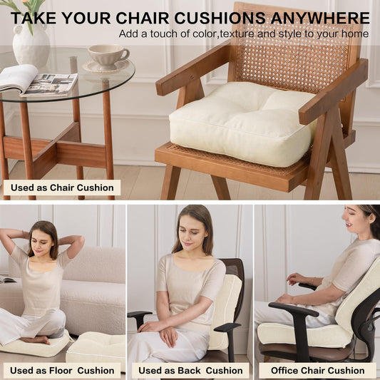 YZ HOME 4 Pack of Chair Cushions for Dining Chairs, Kitchen Chair Pads with Shredded Blue Memory Foam Filling, Indoor Outdoor Chair Seat Cushions with Ties, 16.5 x 16.5 x 5 Inches, Ivory