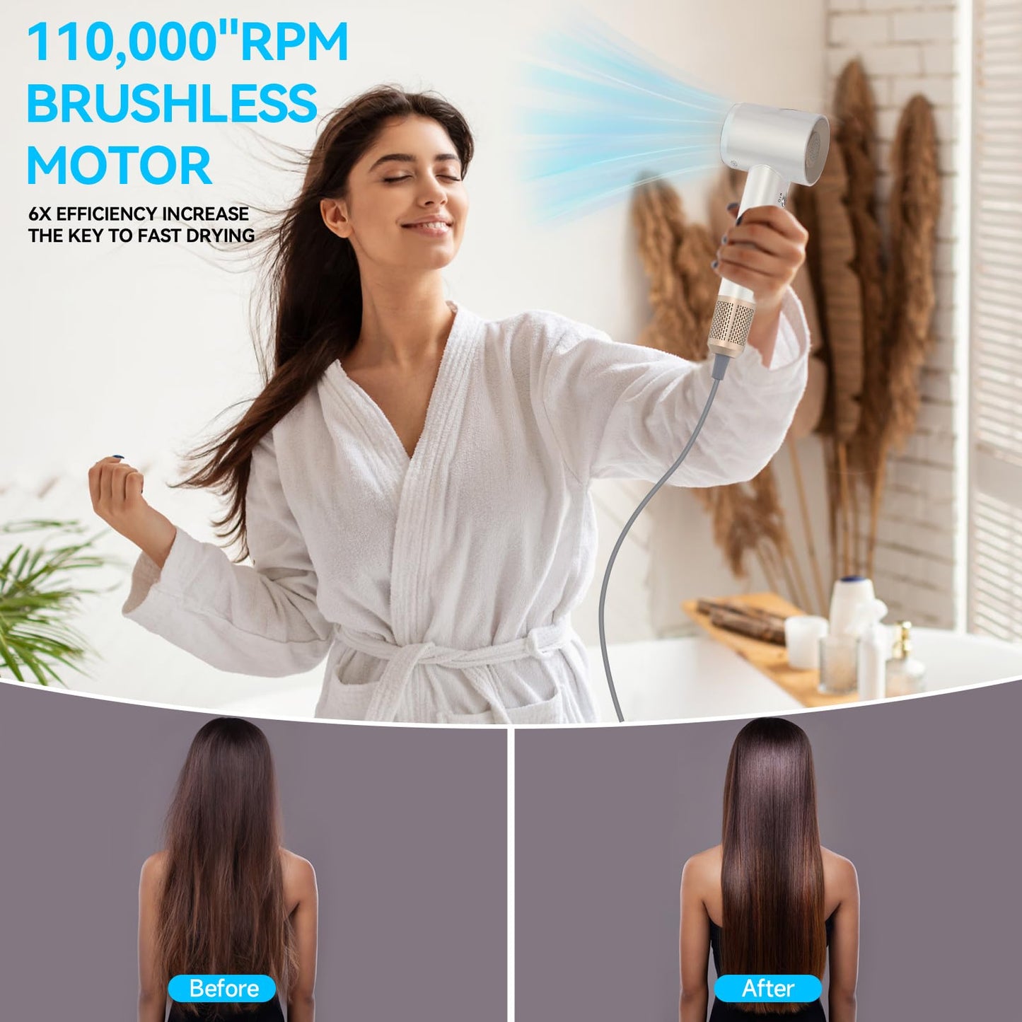 Professional high Speed Hair Dryer, Lightweight Travel Fast Blow Dry, Low Noise, Quiet Fast Blow Dry, with Magnetic Nozzle, Suitable for Home Travel.