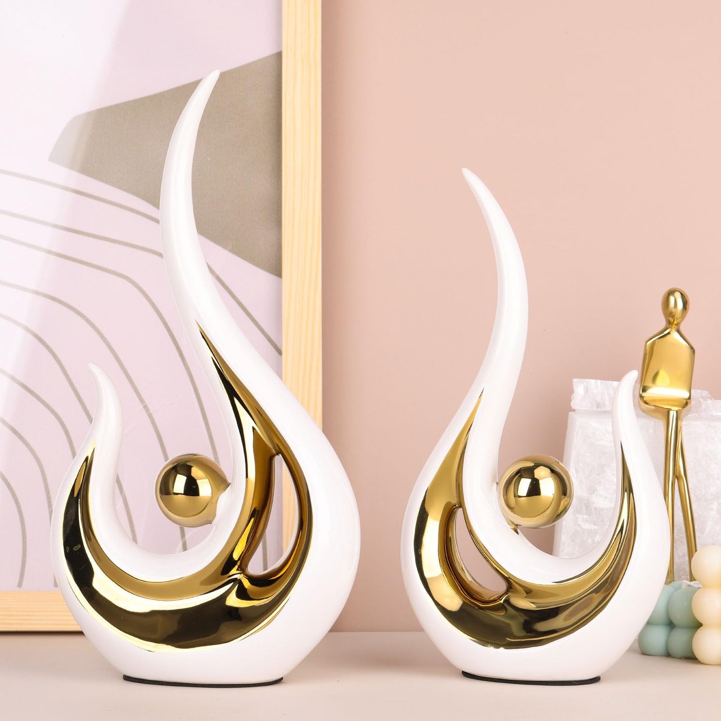 XMGZQ 2pcs White and Gold Modern Abstract Art Statue Table Decoration,Elegantes Ceramic Statue for Home Décor Accent,Mantel,Bookshelf,Centerpiece Table Decorations for Dining Room,adornos para sala