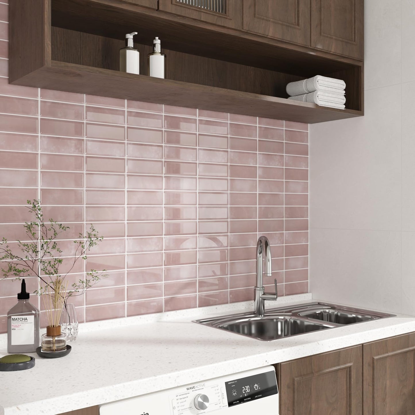 VaryPaper 20 Sheets Pink Peel and Stick Backsplash for Kitchen Back Splash Stick on Tiles Waterproof Bathroom Backsplash Tile Stickers Removable Self Adhesive Wall Tiles for Laundry Room 12''x12''