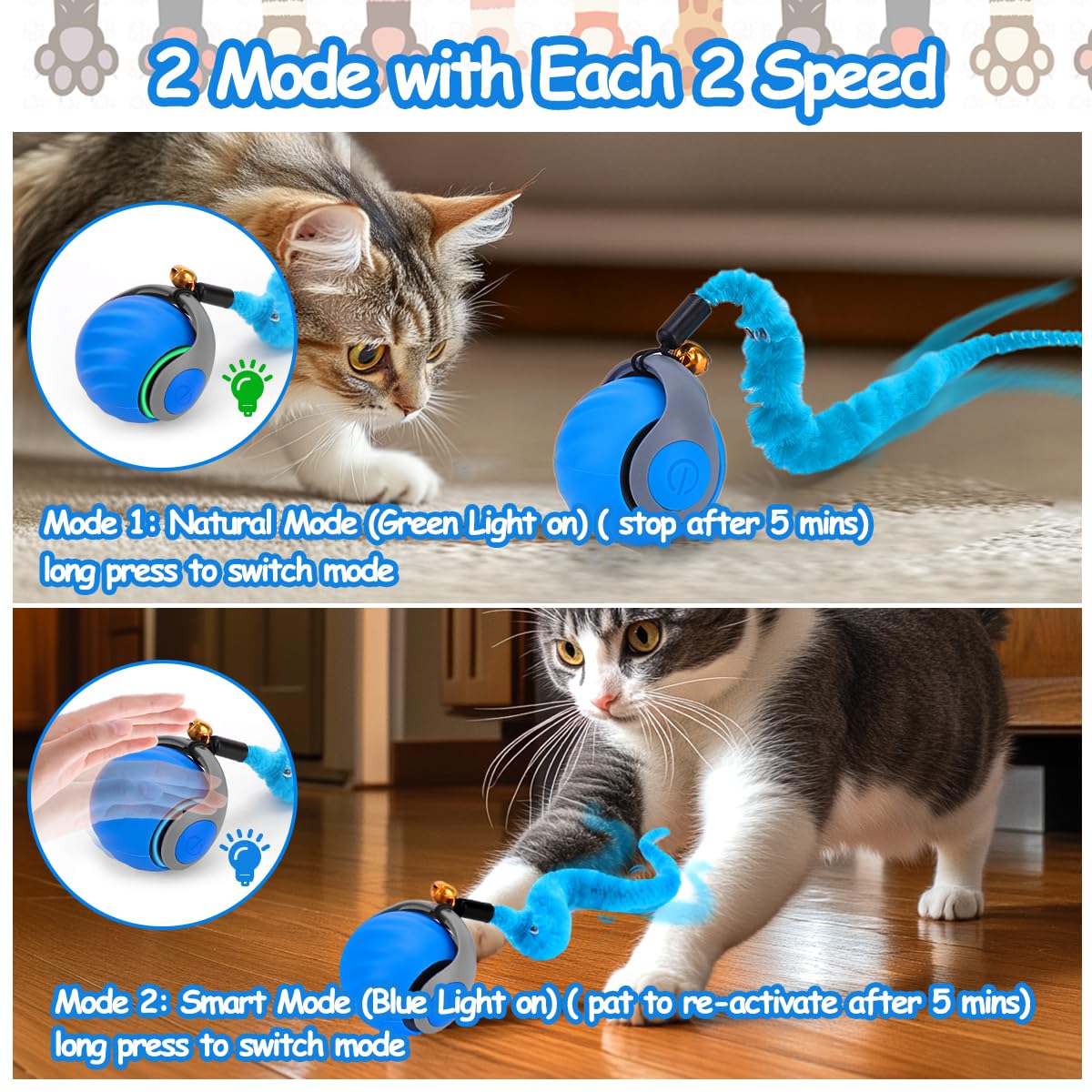 Interactive Cat Toy Ball - Speedy Cat Toys for Indoor Cats with Feather Tails for Chasing, Moving Stimulation Smart Cat Toy for Enrichment, Motion Activated Automatic Rolling Toys to Keep Them Busy