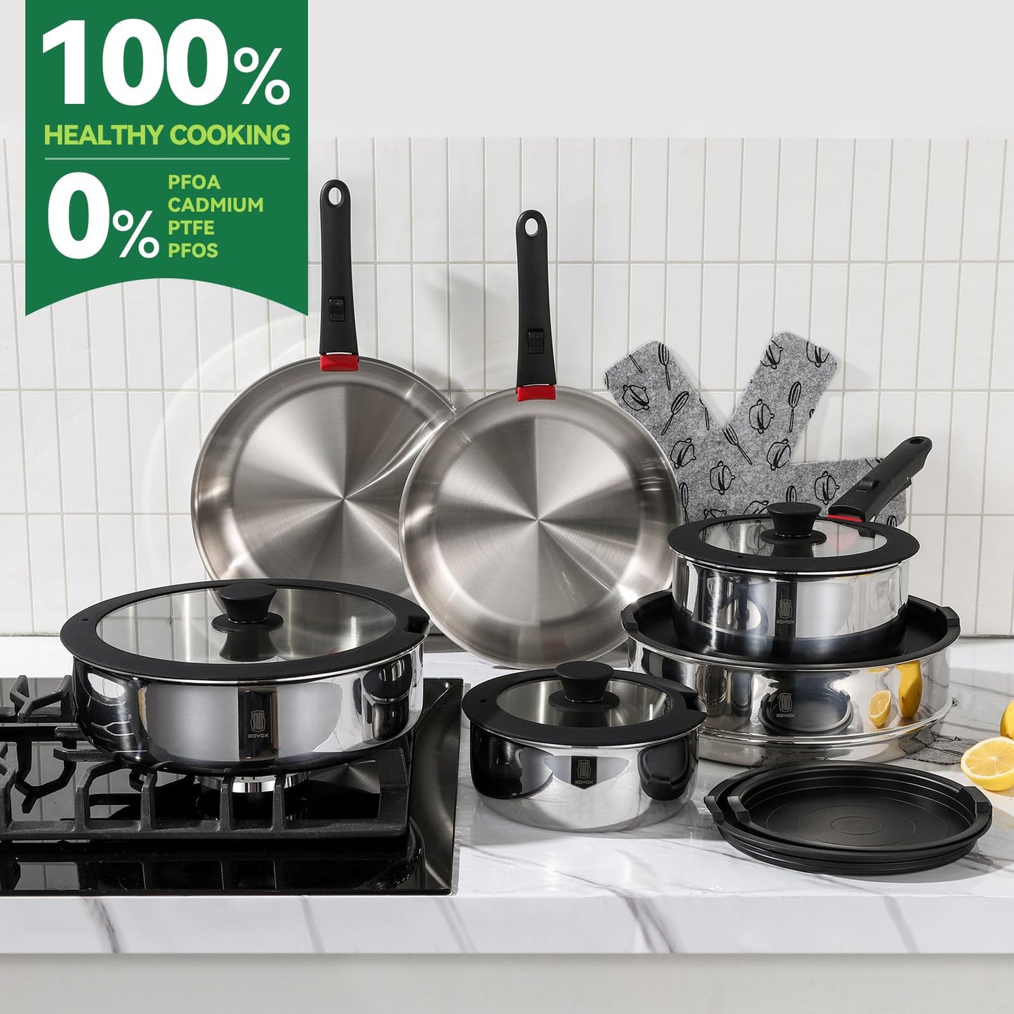 ROYDX 20pcs Pots and Pans Set, Stainless Steel Cookware Set Detachable Handle, Induction Kitchen Stackable RV Cookware Sets, (Camper, Boat, Small Kitchen), Dishwasher Safe&Oven Safe, PFOA Free, Silver