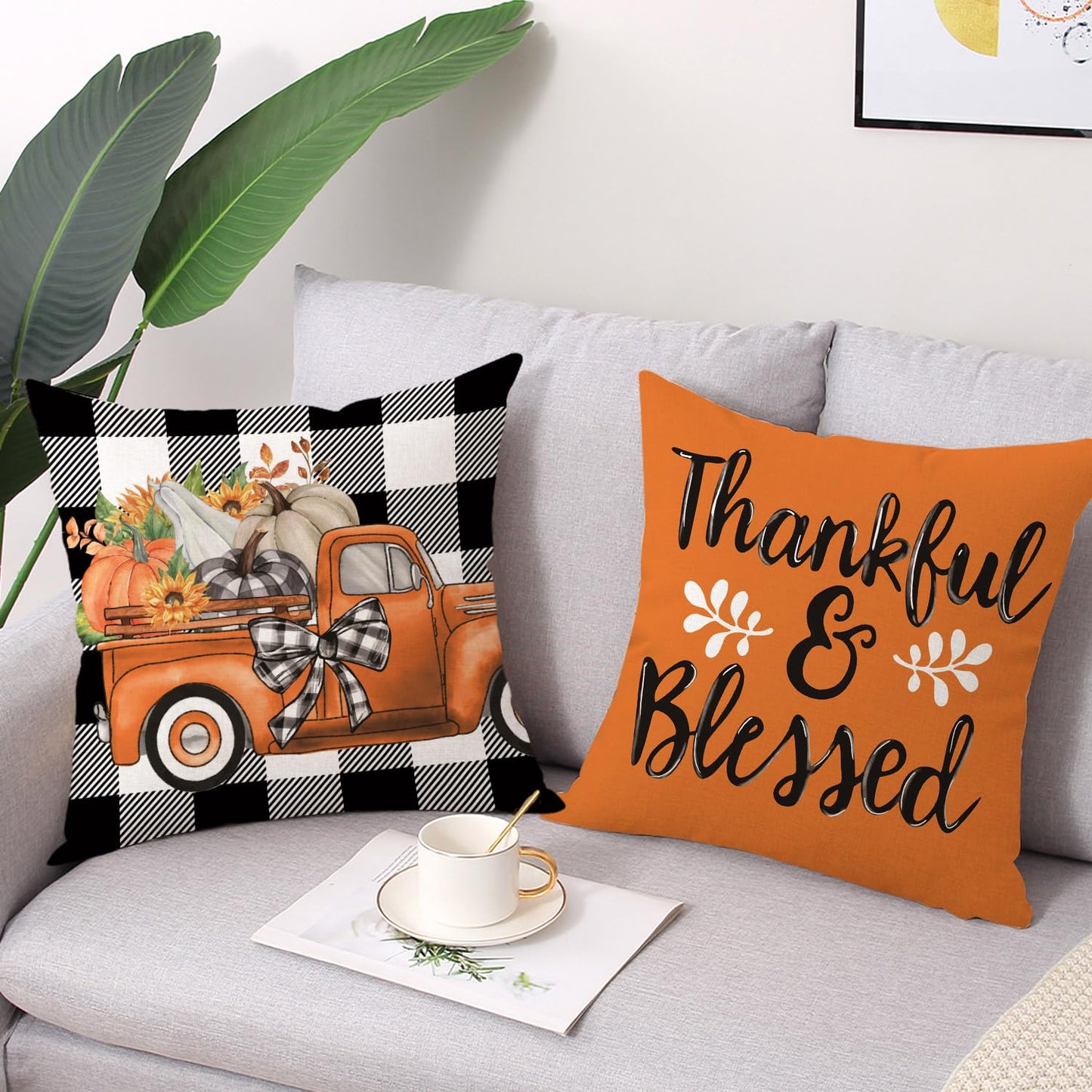 Gujiahone Fall Throw Pillow Covers 18 x 18 Inch Set of 4 Buffalo Check Plaid Pumpkin and Truck Thankful Blessed Fall Thanksgiving Decorative Cushion Cases for Sofa Couch Bed