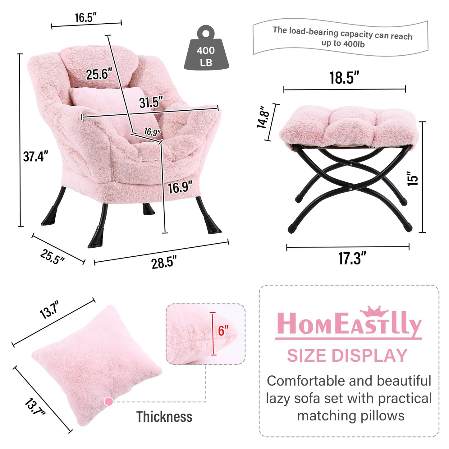 HomEastlly Large Lazy Chair with Ottoman, Accent Reading Chair with a Throw Pillow, Cozy Lounge Chair with Armrest, Leisure Sofa Chair for Living Room, Bedroom, Dorm, Plush Pink