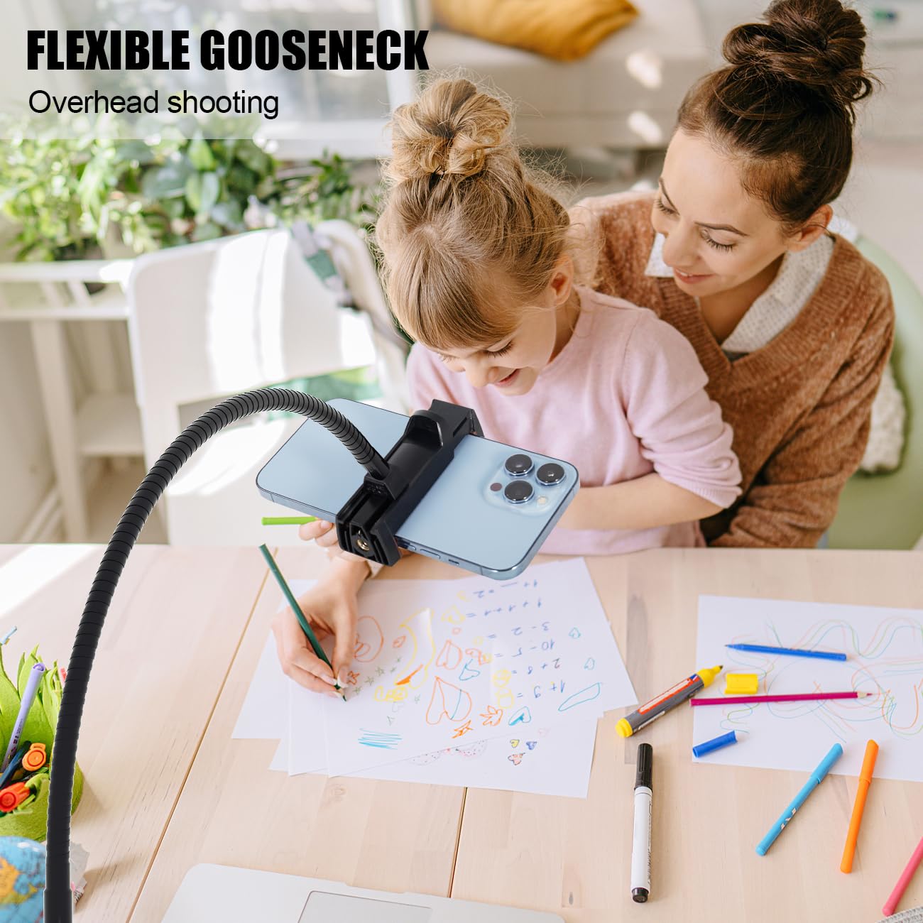 Phone Tripod, 6.75 FT Tall Phone Tripod Stand with Flexible Gooseneck, Overhead 360°Adjustable Tripod with Phone Holder, Compatible with iPhone 16 Pro Max/Plus/16/15/14 for Video Recording