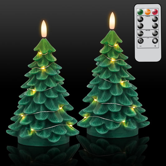 KunSwenn Christmas Tree Candles, 2 Pack Christmas Taper Candles with Remote Timer, Real Wax LED Flameless Taper Candlesticks Battery Operated with String Light for Christmas Decorations