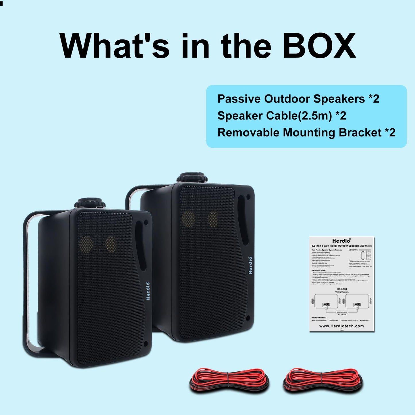 Herdio 3.5 Inch Passive Outdoor Speakers Wired Waterproof, 200W 3 Way Premium Mountable Wall Mount Speakers with Superior Sound, All-Weather Durability, for Patio Marine Boat Garage Indoor(Black Pair)