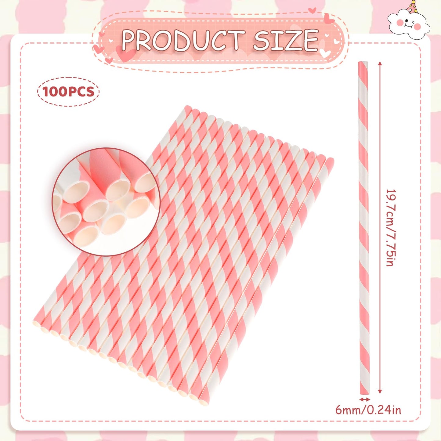 Paper Straws, 100 Pcs Pink Striped Straws, 7.8 Inch Disposable Flexible Party Drinking Straw for New Year Birthday Wedding Cocktail Milkshake Coffee Juice Cold Drinks, Party Decorations
