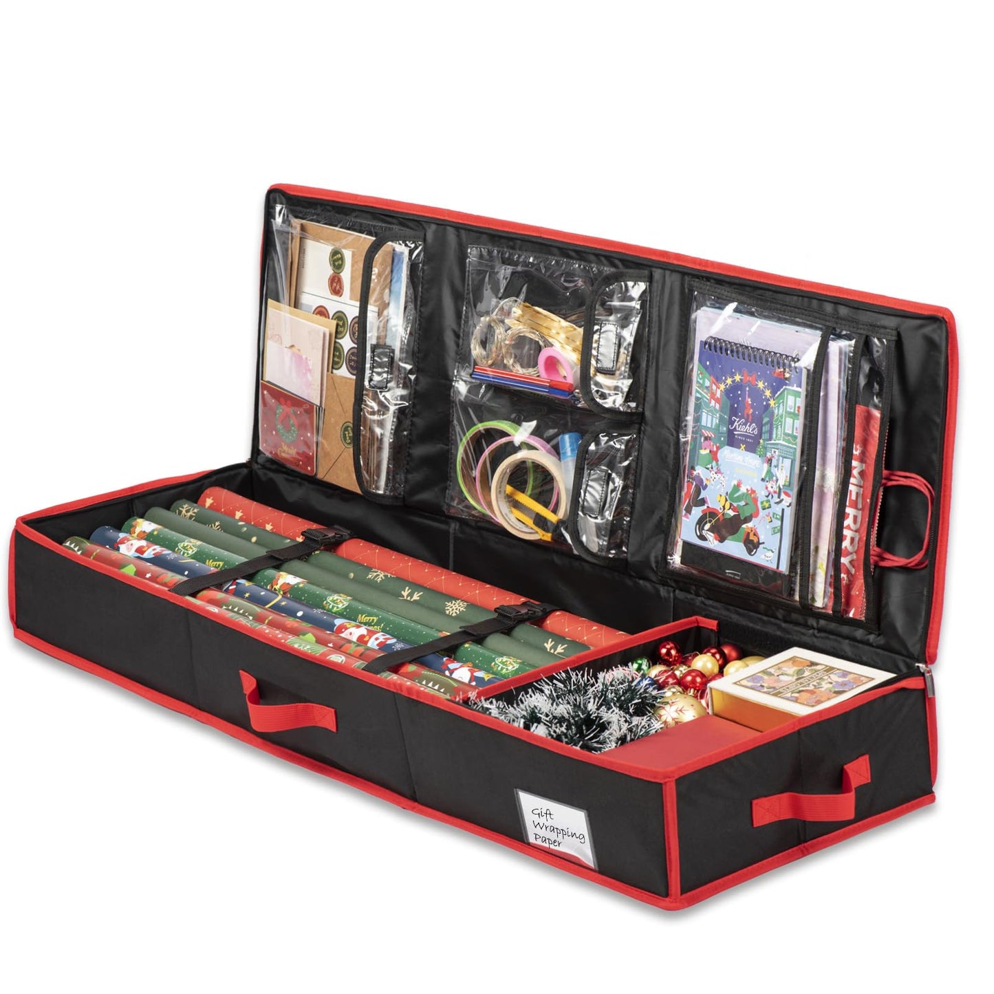Wrapping Paper Organizer Storage for Christmas Gifts Wrapping Paper Storage, 600D Oxford Fits Ribbon, Ornaments, Holiday Accessories Flexible Partitions and Pockets （Black）
