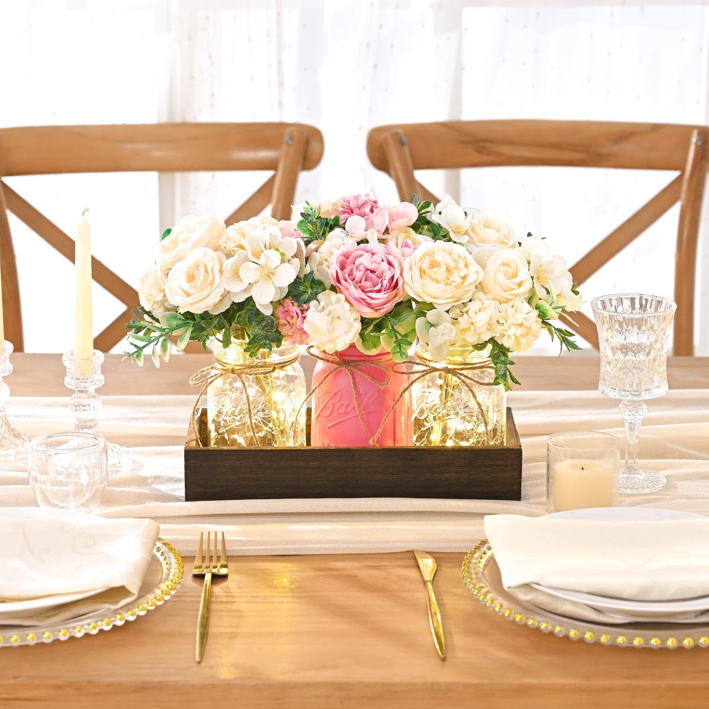 BLEUM CADE Centerpiece Table Decorations - 3Pcs Roses Artificial Flowers in Mason Jars with Wood Tray for Dining Table Coffee Table Farmhouse Home Decor