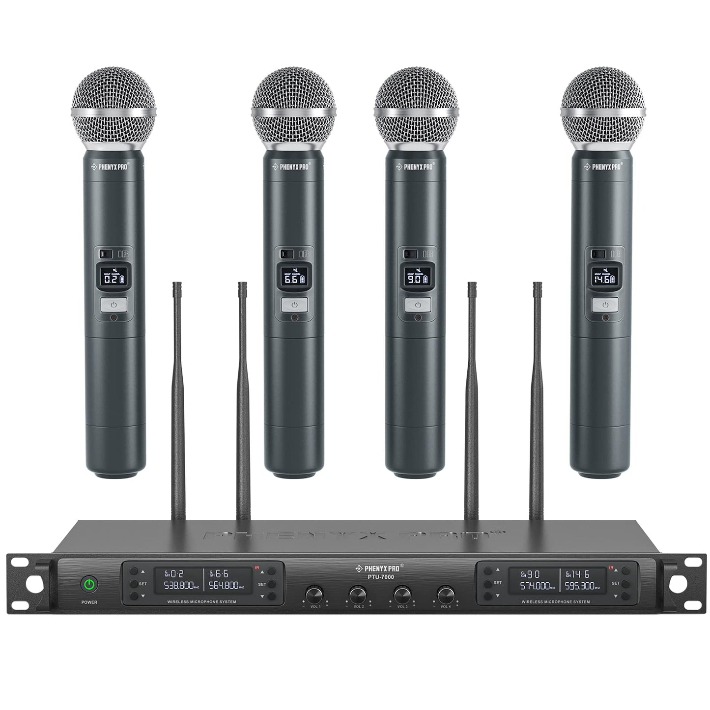 Phenyx Pro Wireless Microphone System, Quad Channel Wireless Mic, w/ 4x40 UHF Frequencies, Auto Scan, 328ft Long Range, 4 Handheld Dynamic Microphone for Singing, Church, Karaoke (PTU-7000-4H)