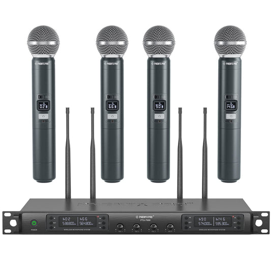 Phenyx Pro Wireless Microphone System, Quad Channel Wireless Mic, w/ 4x40 UHF Frequencies, Auto Scan, 328ft Long Range, 4 Handheld Dynamic Microphone for Singing, Church, Karaoke (PTU-7000-4H)