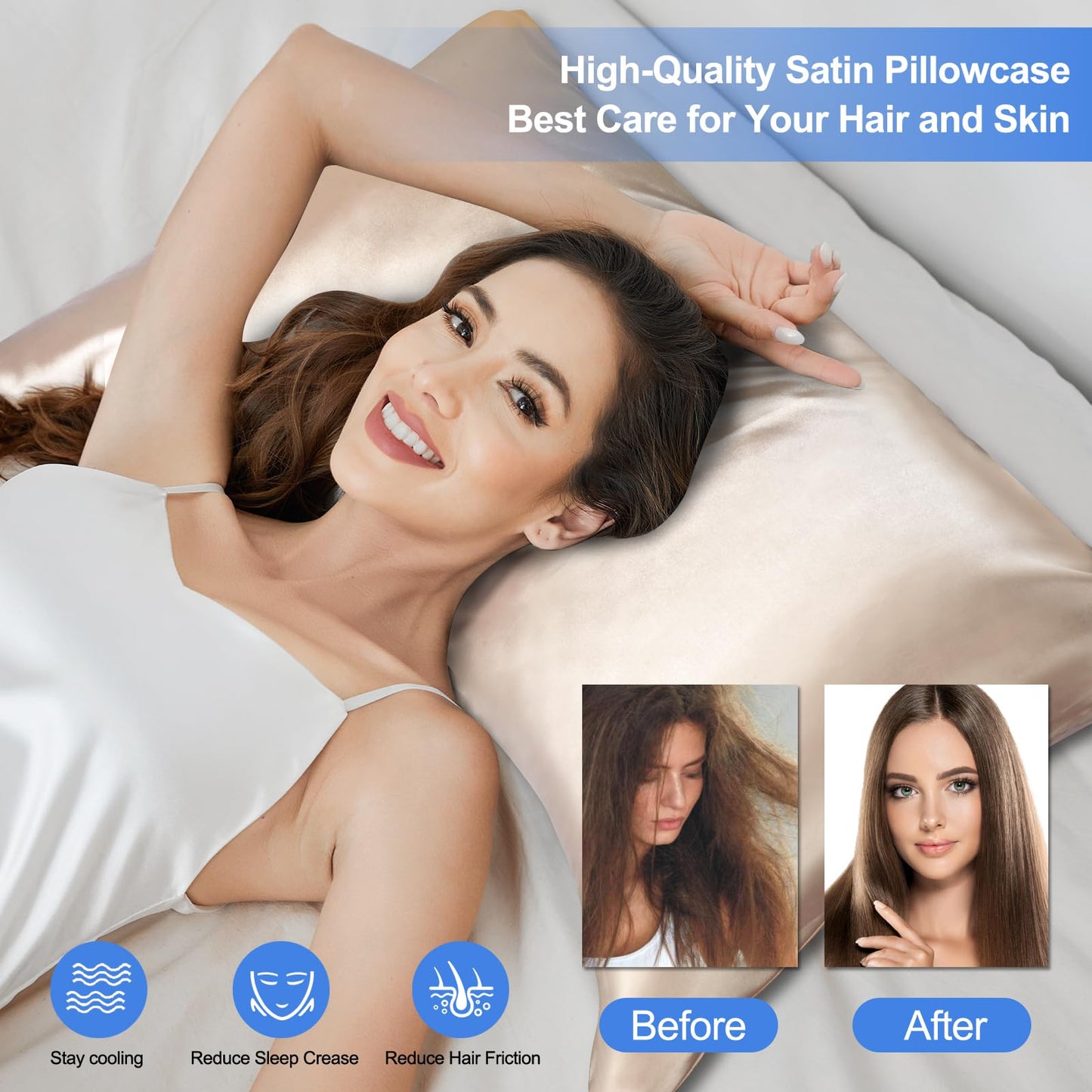 Curved Pillow Case, Side Sleeper Pillowcase, Champange Satin Pillowcase Cover with Zipper, Breathable and Soft, Queen Size 20 x 30 Inches