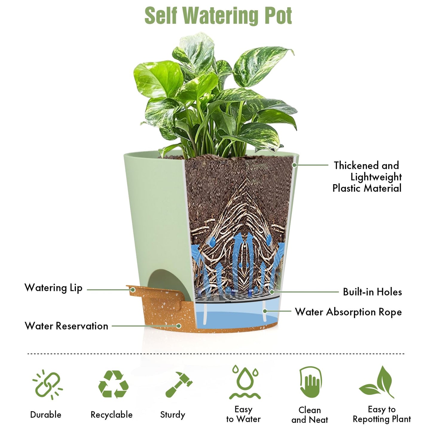 WSMKSZ 4 inch Self Watering Pots for Indoor Outdoor Plants, 6 Pack Plastic Flower Planters with Drainage Holes and Removable Saucers, Plant Pots with Wicking Rope, Modern Decor, Green Brown