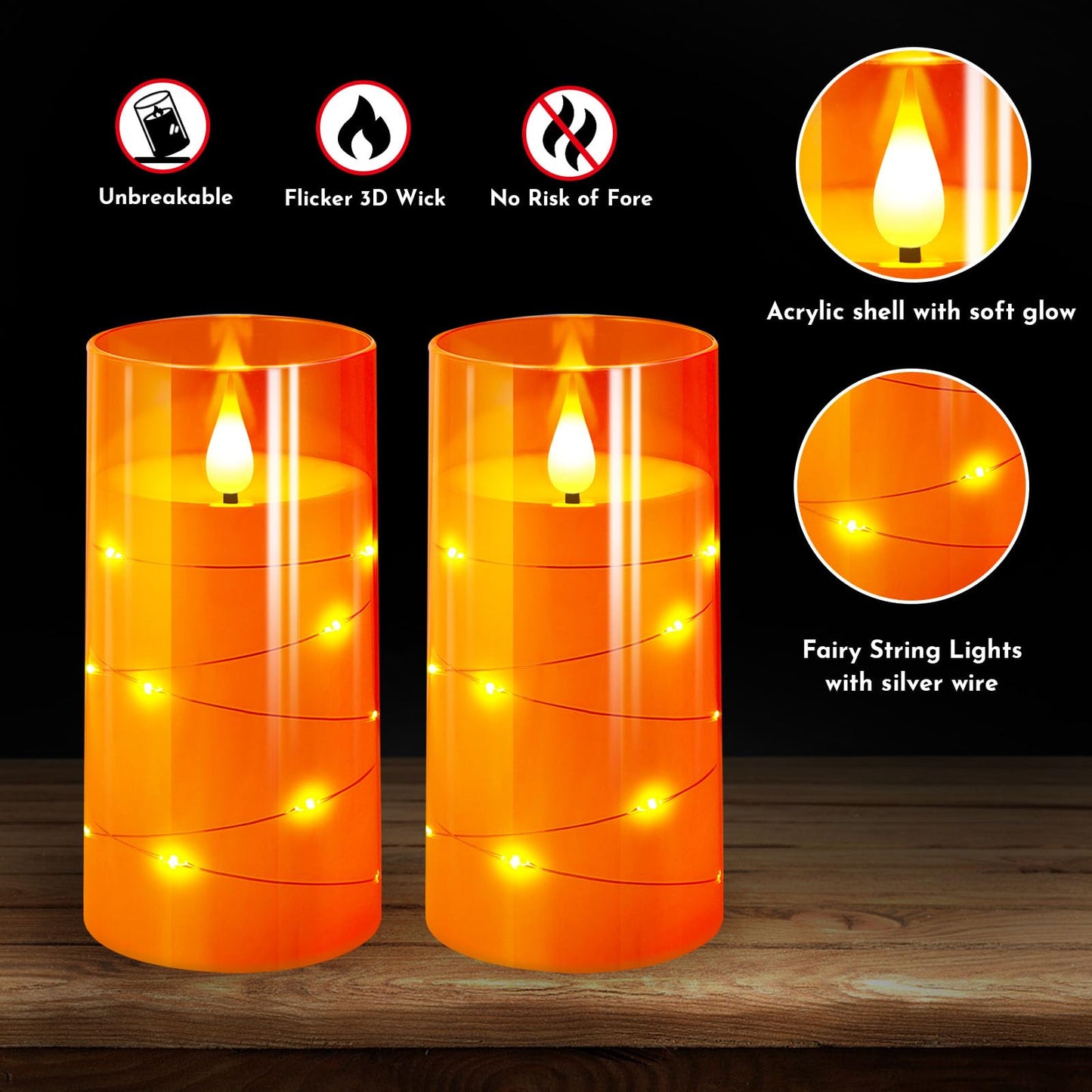 NURADA 3"x6"Flickering Flameless Candles: Built-in Star String Lights 3D Wick Battery Operated LED Pillar Candles with Remote and Timer for Thanksgiving Dinner Tables Wedding Home Fall Decor Orange