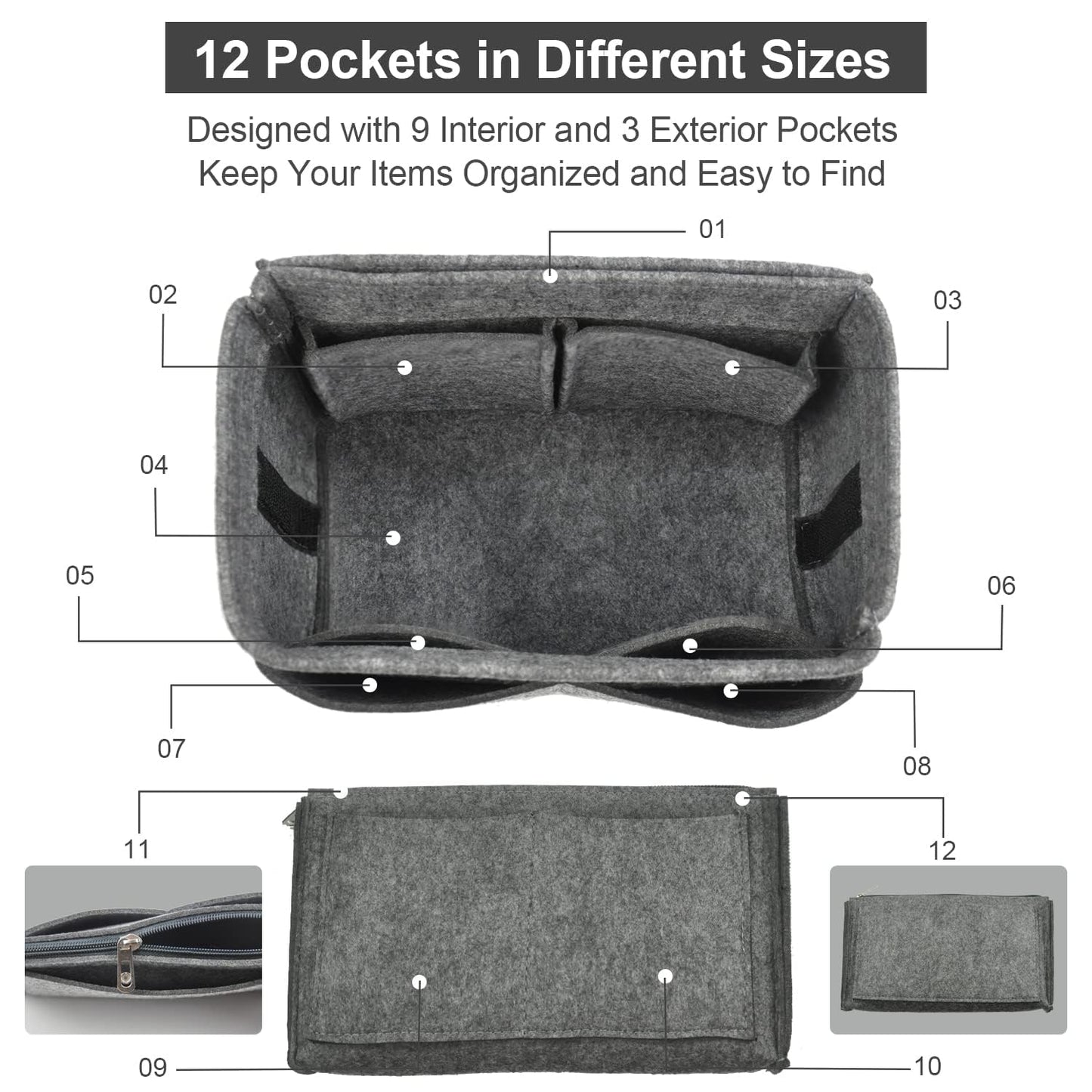 OMYSTYLE Grey Organizer Insert, Felt Tote Bag Organizer Insert with 5 Sizes, Handbag Dividers for Inside Purse, Compatible with Longchamp, Neverful, Speedy and More