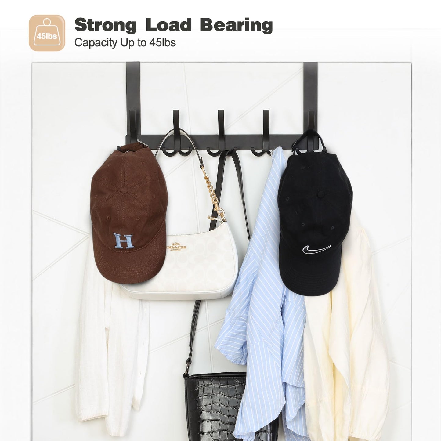 Optish Over The Door Hooks for Hanging, Over The Door Hanger, Over The Door Towel Rack for Bathroom with 5 Triple Coat Hooks, Bathroom Towel Holder Towels Hanger (Black, 1 Pack)