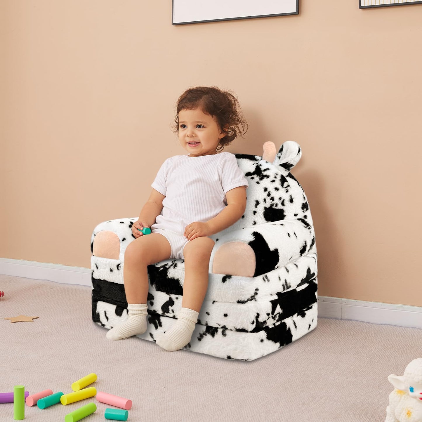 QIUODO Toddler Chair Plush with Removable Cover, 2-in-1 Toddler Couch Fold Out, Cow Shell, Comfy Couch for Kids Over 18 Months, Kids Furniture for Bedroom, Playroom（Cow）