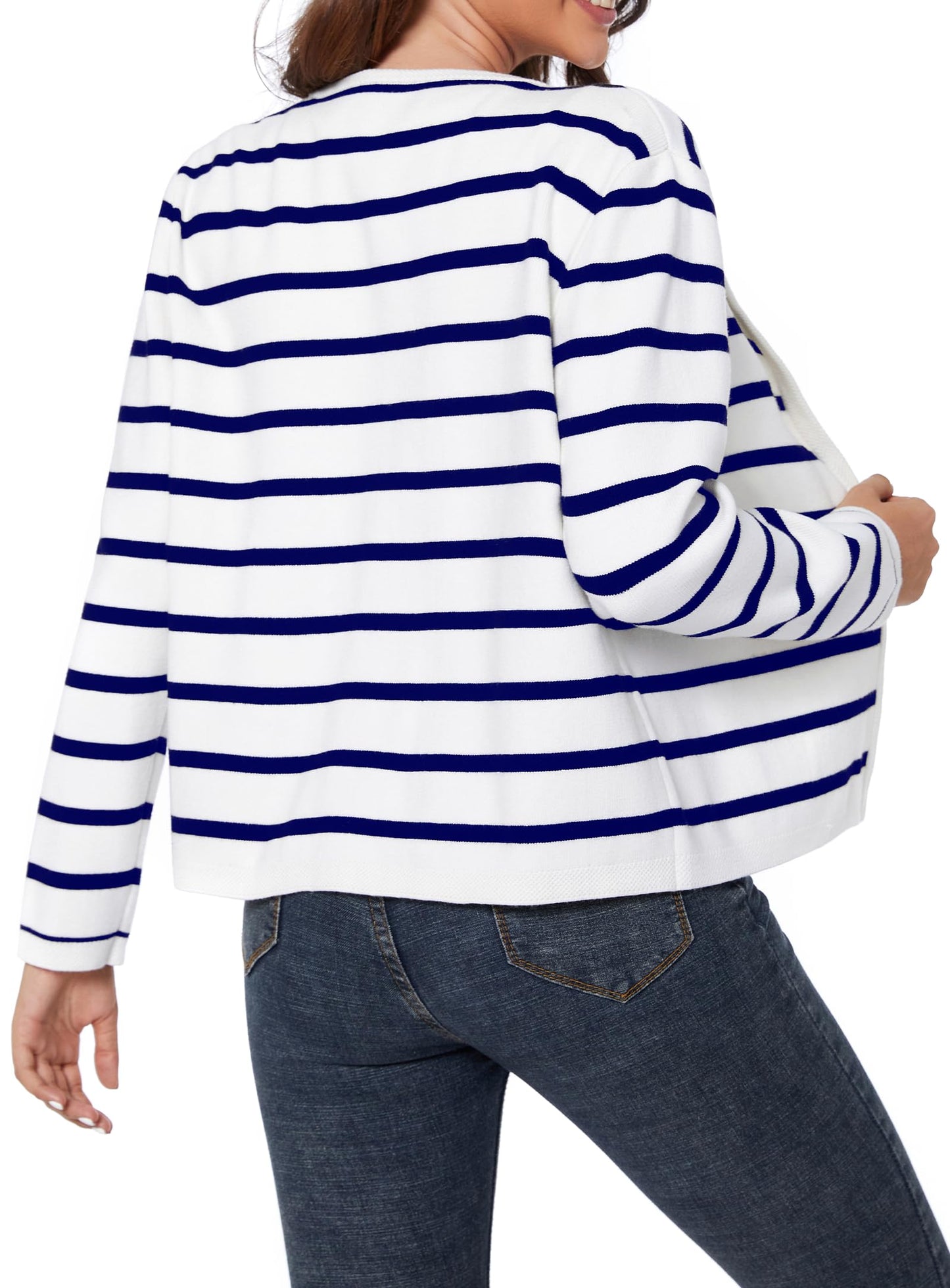 LATAHUO Women's Striped Cardigan Sweater Trendy Long Sleeve Button Down Crewneck Knit Cardigans(Navy+White, Medium)