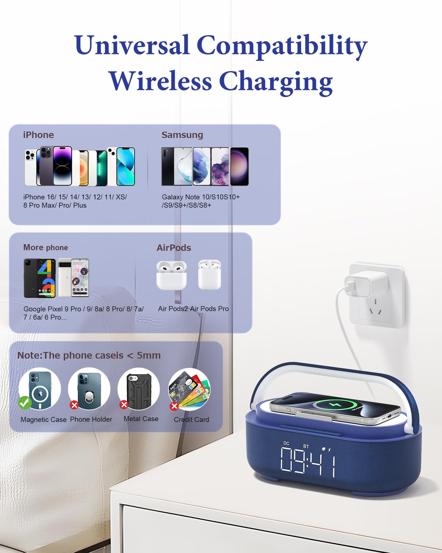 COLSUR 6-in-1 Bluetooth Speaker Alarm Clock with 15W Wireless Charger, FM Radio, Adjustable LED Night Light, 2500mAh Battery, Snooze Function – for Bedroom, Home, Office