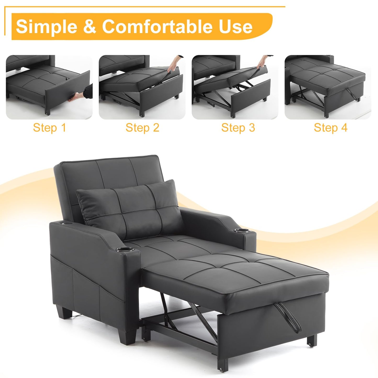 Karl home Sleeper Chair Convertible Sofa Bed with USB/Type C Ports 3-in-1 Pull Out Sofa Bed Adjustable Reading Chair with Cup Holders, PU Leather Black