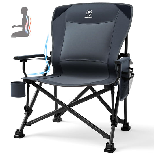 EVER ADVANCED Oversized Folding Camping Chair for Adults with Adjustable Lumbar Support, Heavy Duty Chair with Side Pockets, Portable Collapsible Quad Chair for Outside, Support Up to 500lbs,Grey