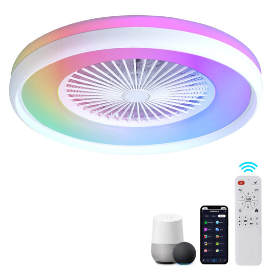 HUMHOLD 24" Bladeless Ceiling Fan with RGB Light Remote, Smart LED Ceiling Fans with Voice/App Control, Modern Low Profile Dimmable Light Ceiling Fan for Bedroom Living Room White