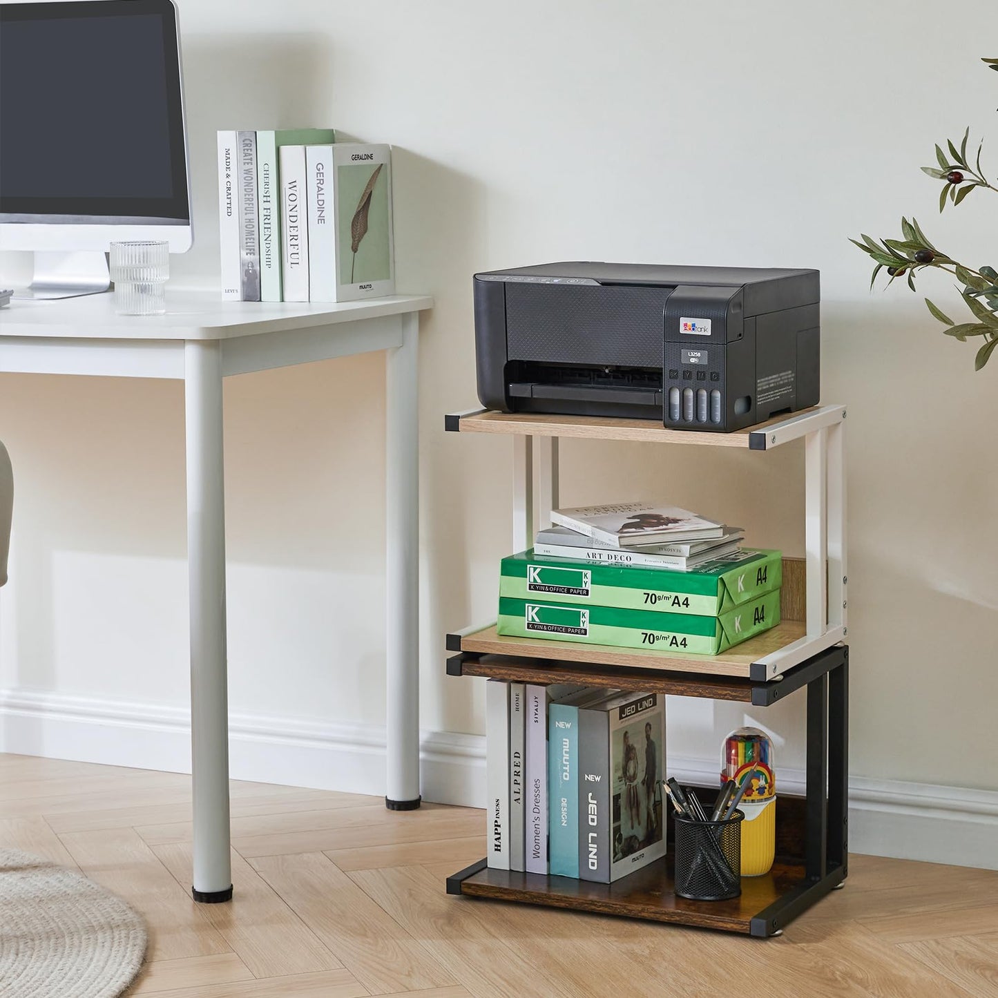 IBUYKE Under Desk Printer Stand,2 Tier Printer Cart for Printer,Mobile Home Desktop Organizer Shelf with 4 Wheels,for Printer, Fax, Home Office Use，Rustic Brown UTLJ007R