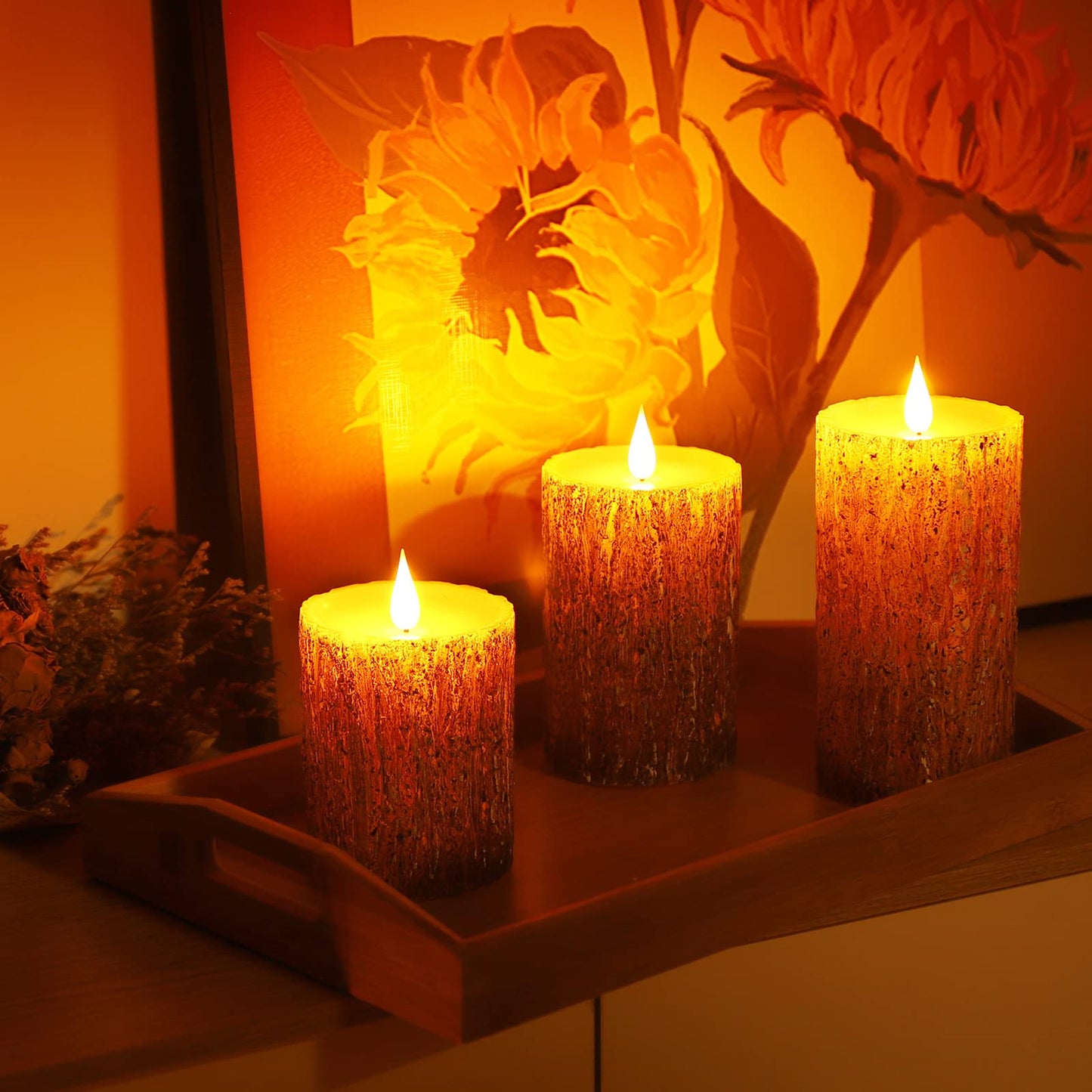 Enpornk Flameless Candles Battery Operated Pillar Pine Effect Real Wax Flickering 3D Wick Electric LED Decorative Candle Sets with Remote Control Cycling 24 Hours Timer, 4" 5" 6" Pack of 3