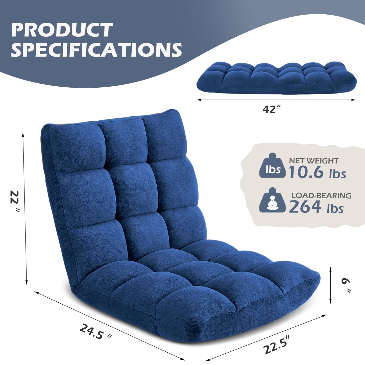 Avocahom Folding Floor Gaming Chair 14-Poistion Cushioned Adjustable Floor Lazy Sofa Chair w/Breathable Cotton & Skin-Friendly Velvet for Adults & Kids Perfect for Reading Gaming Meditating, Darkblue