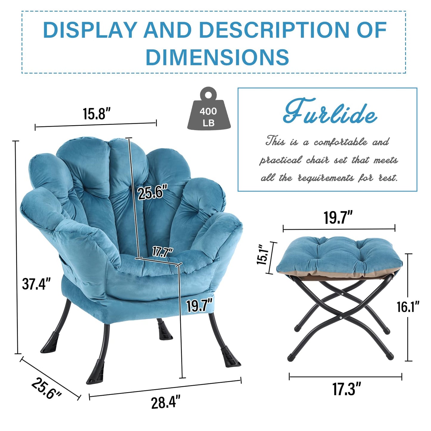 Furlide Lazy Chair with Ottoman, Modern Floral Reading Chair with Folding Footrest, Lounge Accent Chairs, Comfortable Oversized Armchairs for Bedroom, Living Room, Courtyard, Velvet Light Blue