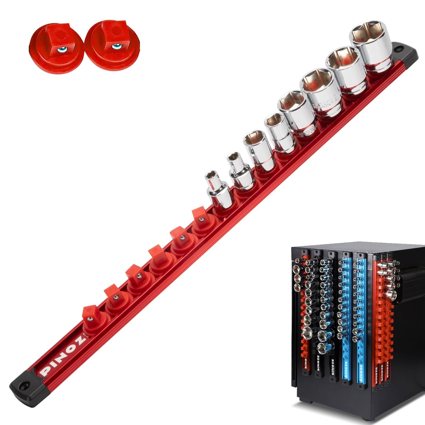 8PCS Magnetic Socket Holder Organizer Set - 1/4, 3/8, 1/2 - Aluminum Alloy Socket Rail Trays for Tool Box Drawer, Socket Rack Kit with 114Pcs Clips for Automotive Garage(Blue Red Black)